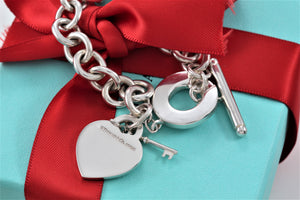 Return To Tiffany & Co. Silver Heart Toggle Mini Key Charm 7.5" Bracelet